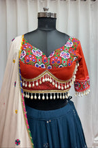 Teal Viscose Navratri Garba Cotton Chaniya Choli For Garba Indian Festivals 9 Meter Flair - Kutchi Patch Work, Real Mirror Work, Thread Embroidery Work