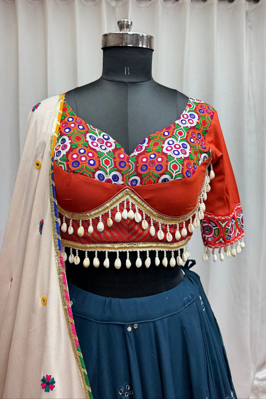 Teal Viscose Navratri Garba Cotton Chaniya Choli For Garba Indian Festivals 9 Meter Flair - Kutchi Patch Work, Real Mirror Work, Thread Embroidery Work