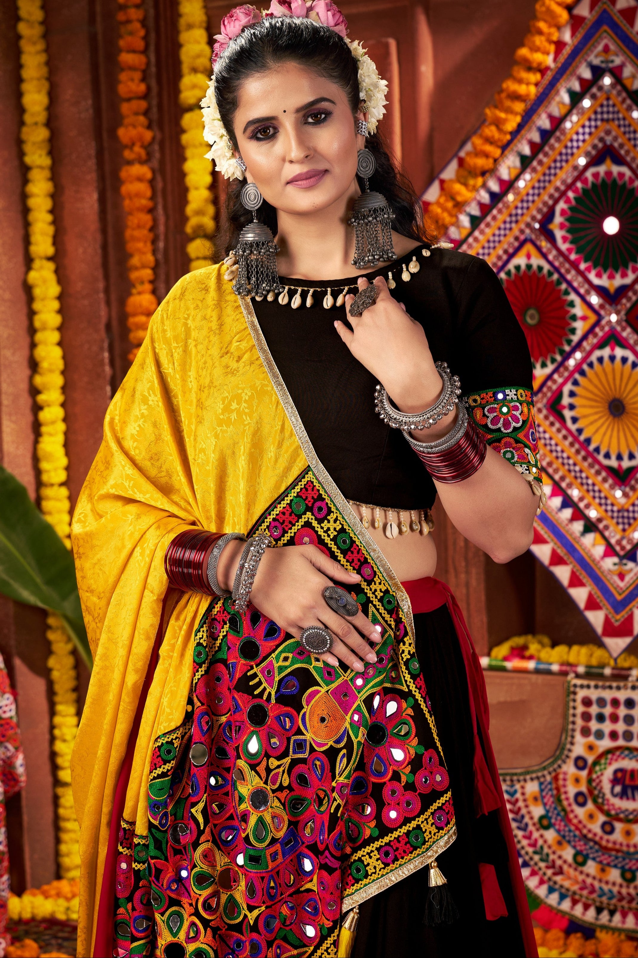 Multicolor Viscose Cotton Navratri Chaniya Choli For Garba Indian 9 Meters Flair - Kutchi Patch Work, Thread Embroidery Work, Real Mirror Work