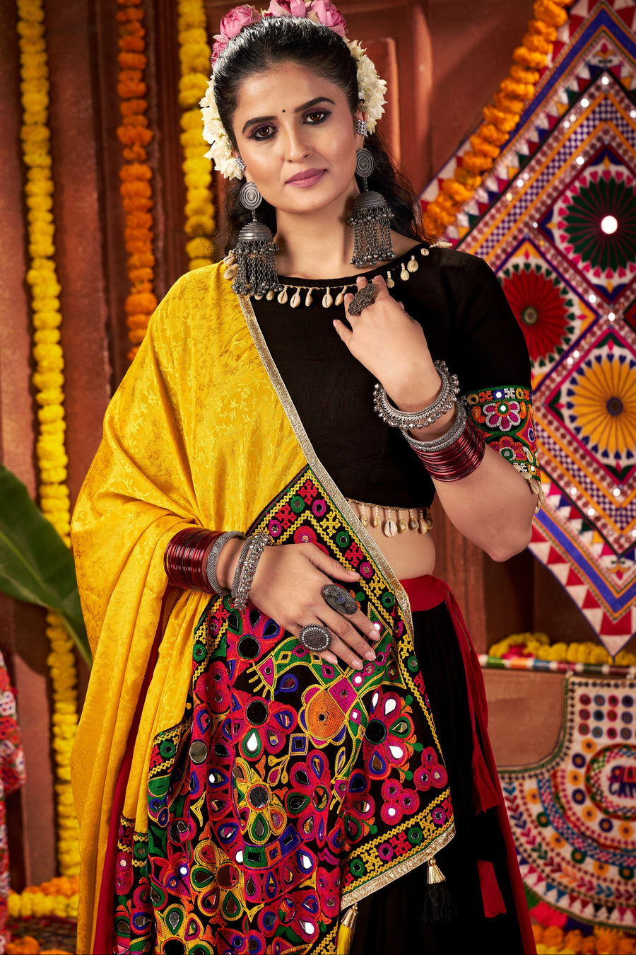 Multicolor Viscose Cotton Navratri Chaniya Choli For Garba Indian 9 Meters Flair - Kutchi Patch Work, Thread Embroidery Work, Real Mirror Work