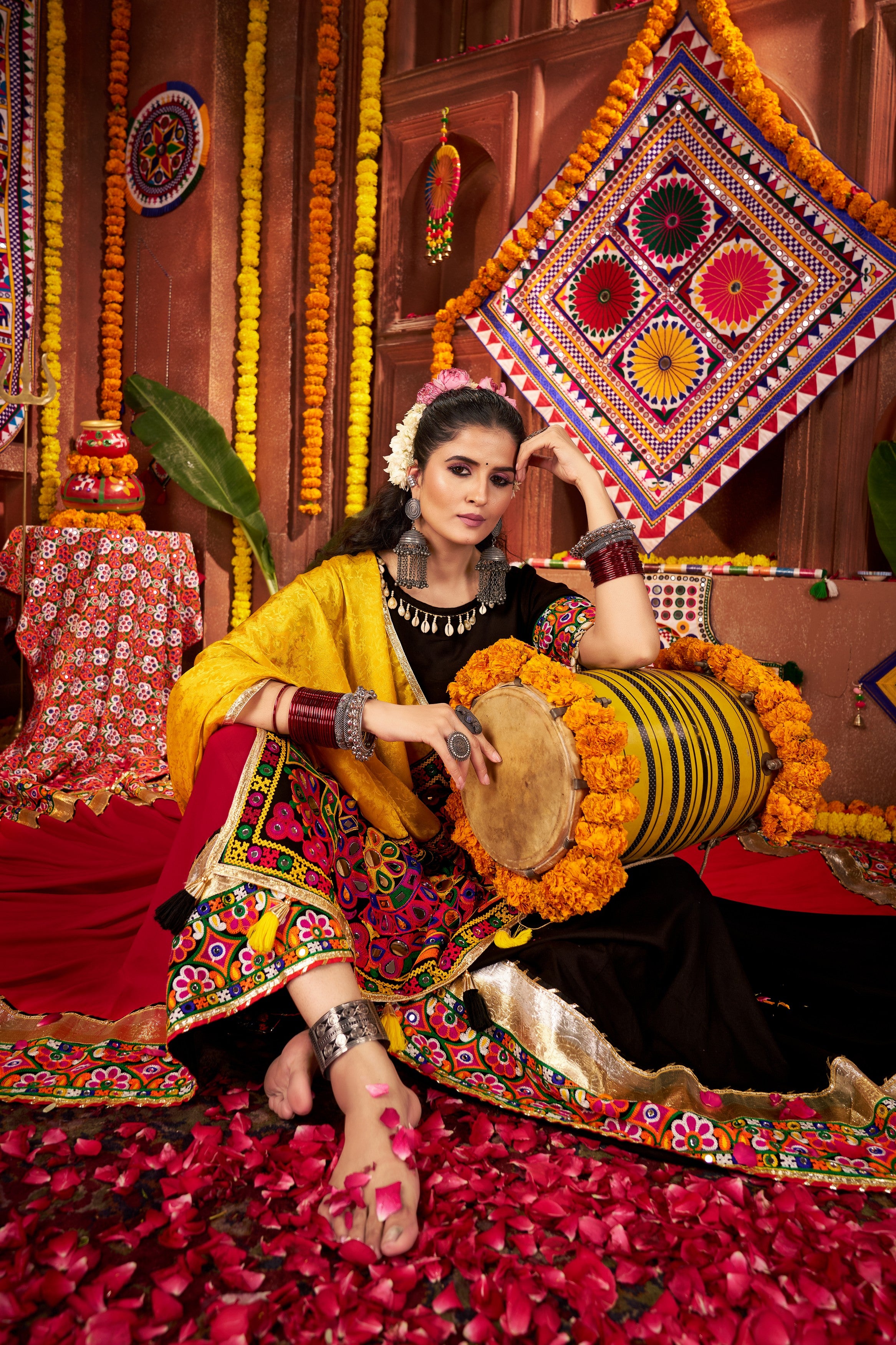 Multicolor Viscose Cotton Navratri Chaniya Choli For Garba Indian 9 Meters Flair - Kutchi Patch Work, Thread Embroidery Work, Real Mirror Work