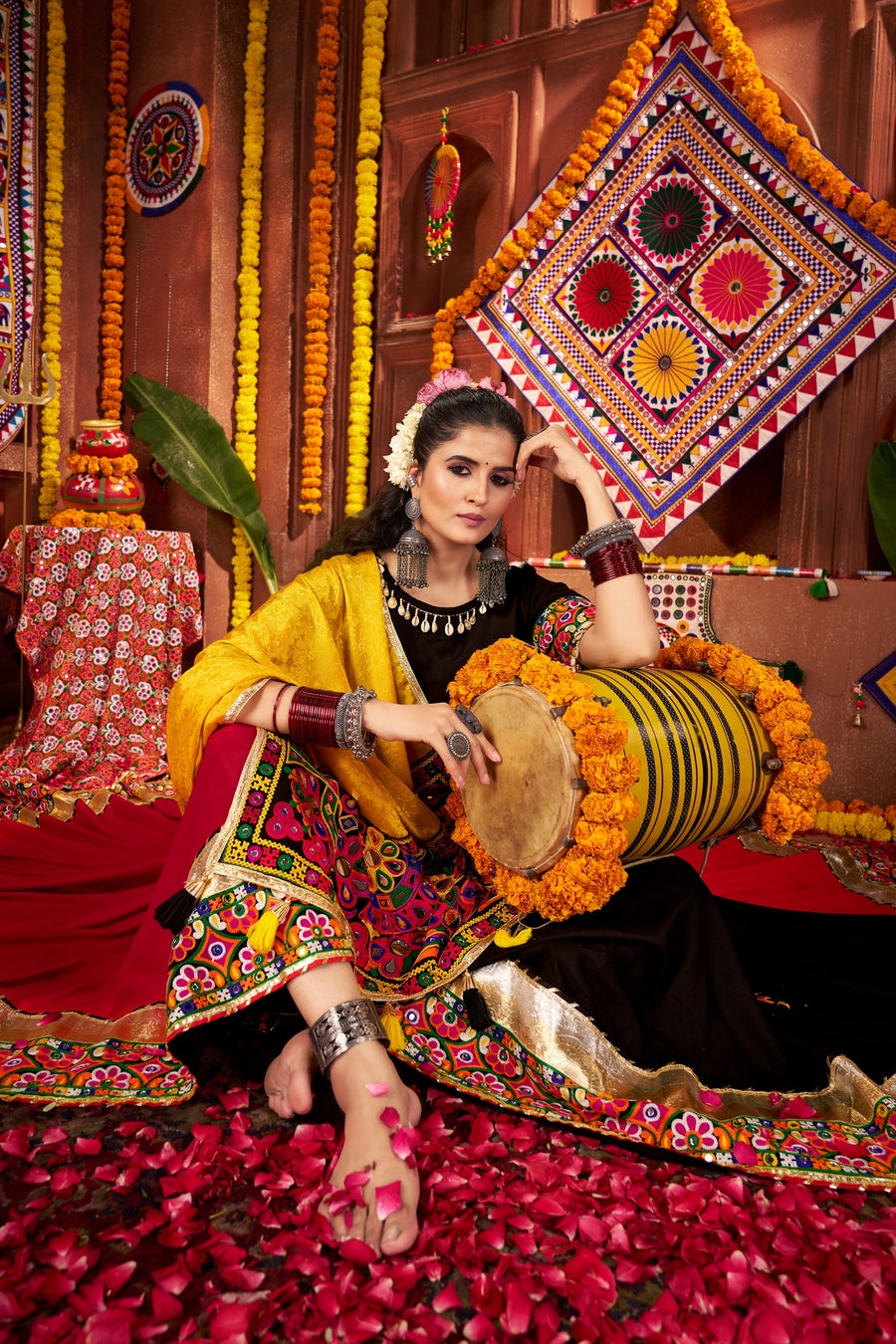 Multicolor Viscose Cotton Navratri Chaniya Choli For Garba Indian 9 Meters Flair - Kutchi Patch Work, Thread Embroidery Work, Real Mirror Work