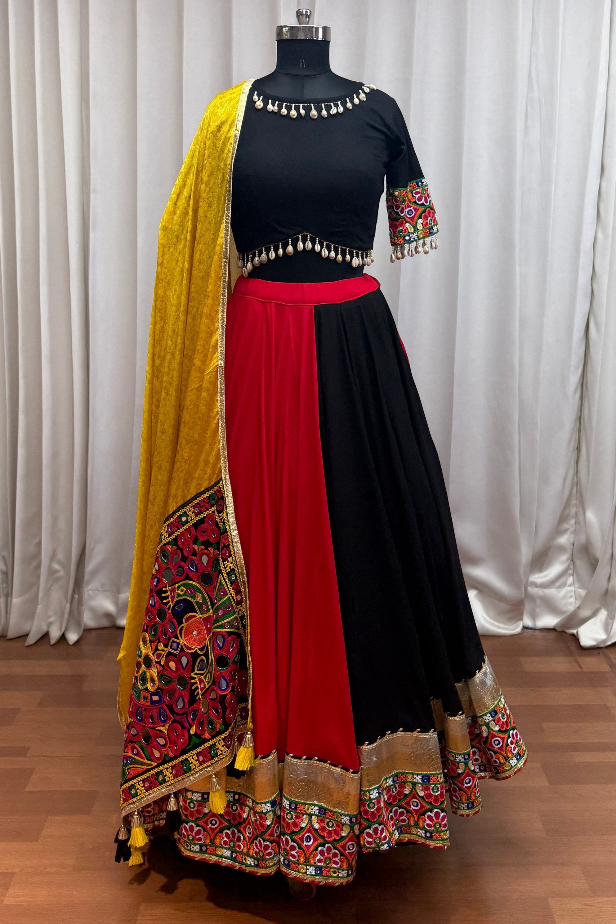 Multicolor Viscose Cotton Navratri Chaniya Choli For Garba Indian 9 Meters Flair - Kutchi Patch Work, Thread Embroidery Work, Real Mirror Work