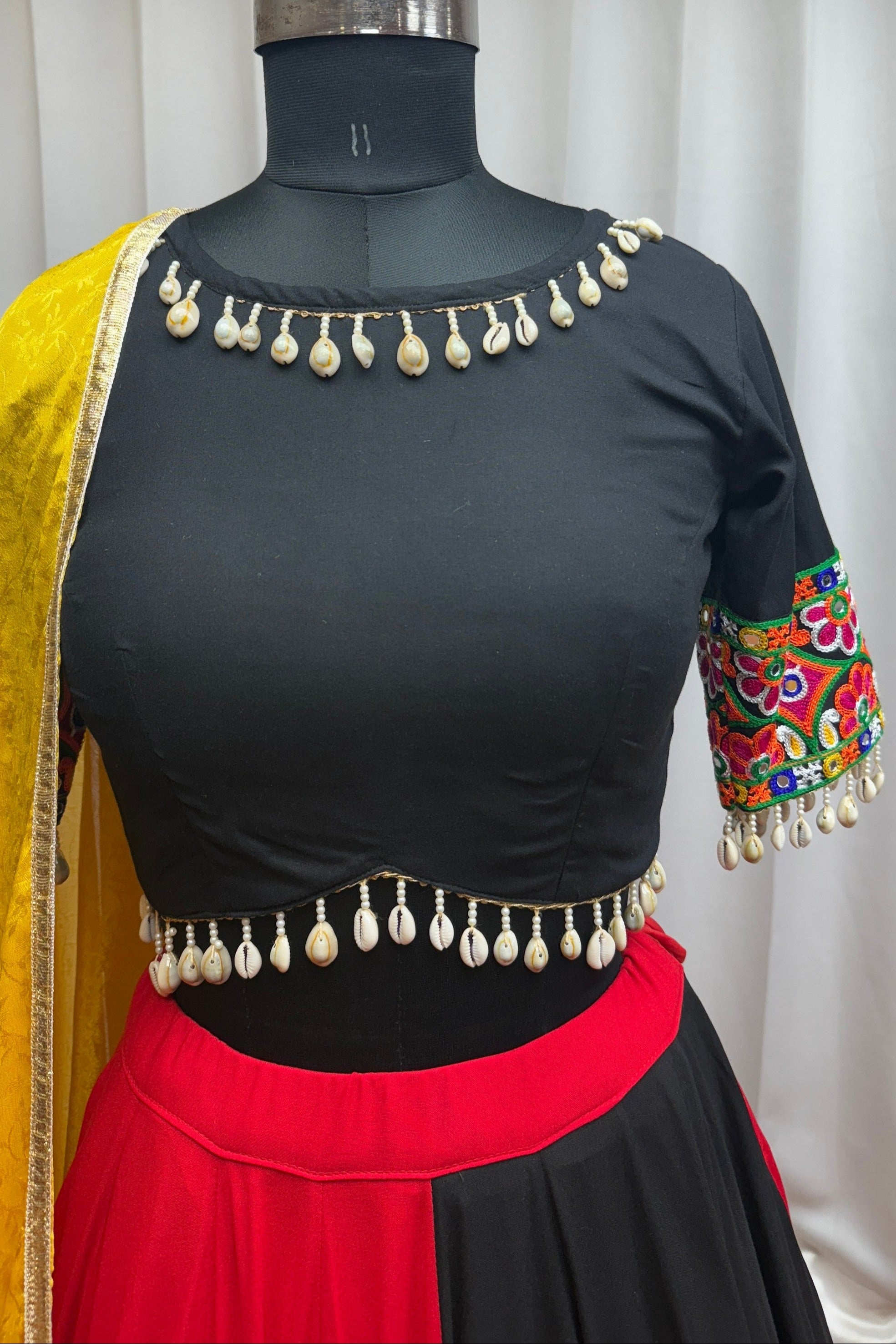 Multicolor Viscose Cotton Navratri Chaniya Choli For Garba Indian 9 Meters Flair - Kutchi Patch Work, Thread Embroidery Work, Real Mirror Work