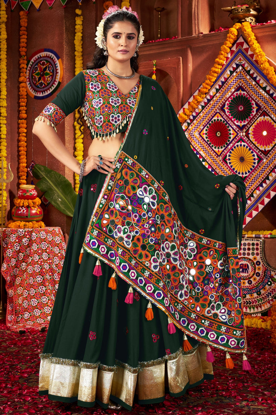 Green Viscose Navratri Garba Cotton Chaniya Choli For Garba Indian Festivals 9 Meter Flair - Kutchi Patch Work, Real Mirror Work, Thread Embroidery Work