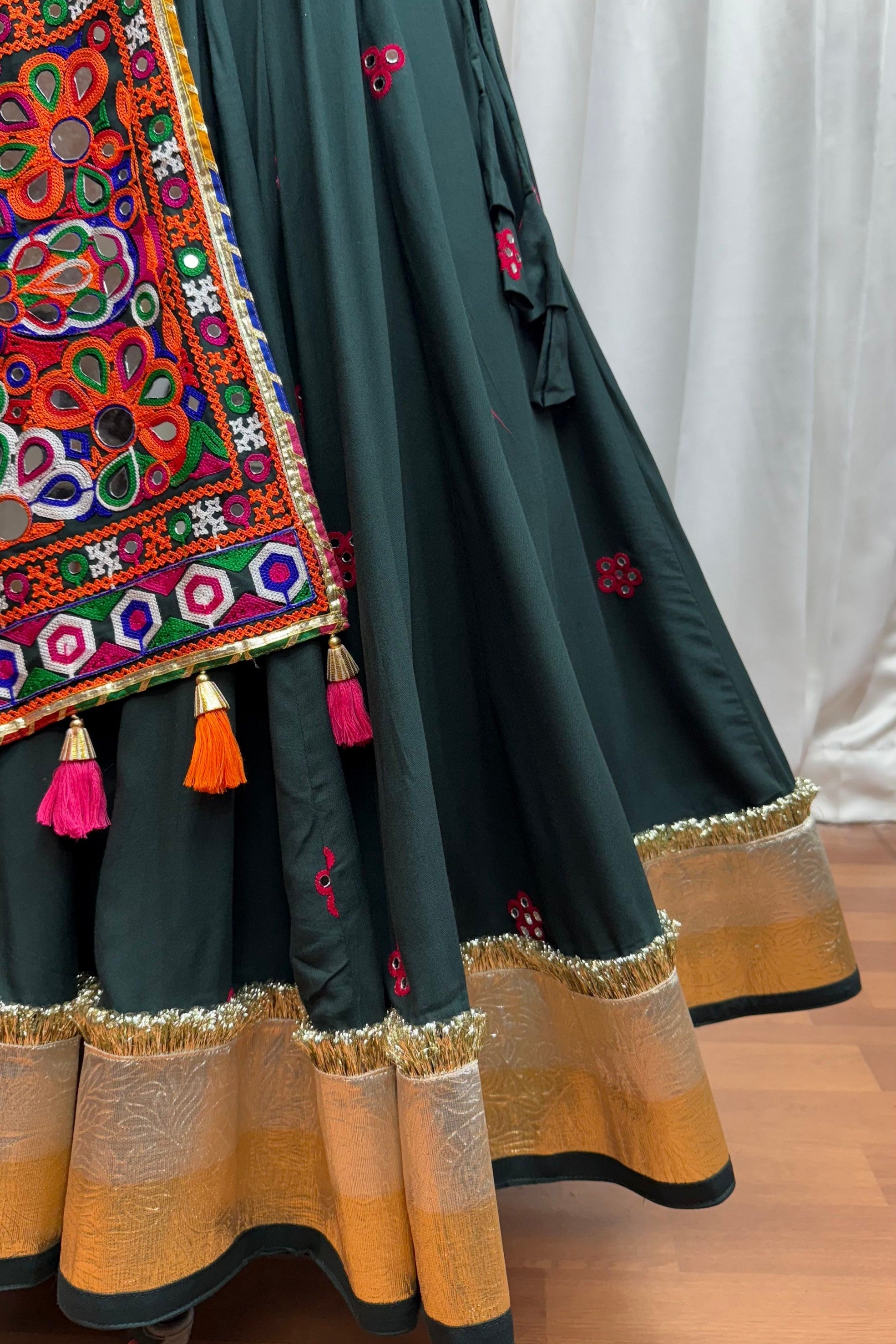 Green Viscose Navratri Garba Cotton Chaniya Choli For Garba Indian Festivals 9 Meter Flair - Kutchi Patch Work, Real Mirror Work, Thread Embroidery Work