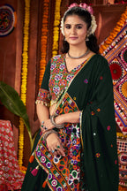 Green Viscose Navratri Garba Cotton Chaniya Choli For Garba Indian Festivals 9 Meter Flair - Kutchi Patch Work, Real Mirror Work, Thread Embroidery Work