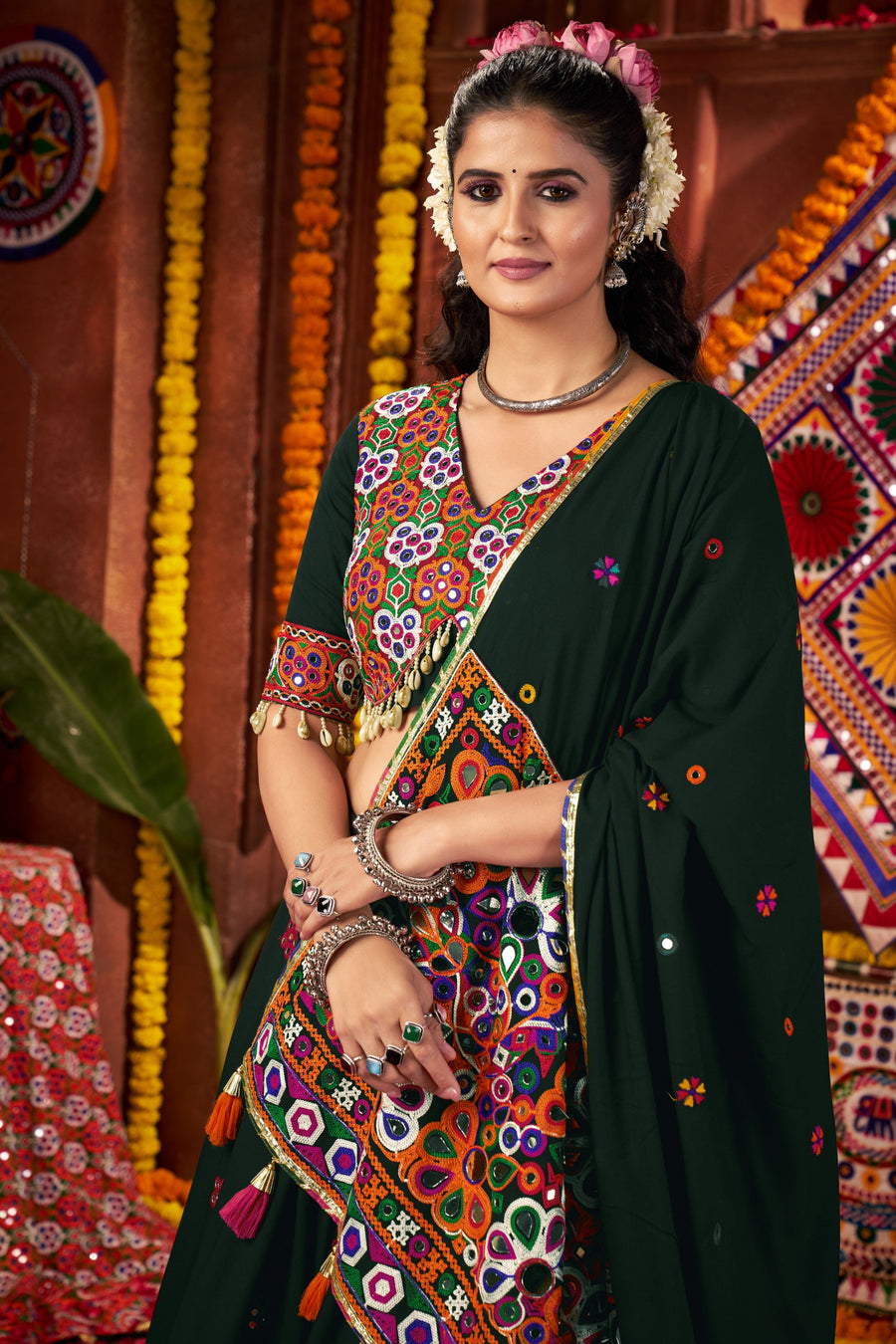 Green Viscose Navratri Garba Cotton Chaniya Choli For Garba Indian Festivals 9 Meter Flair - Kutchi Patch Work, Real Mirror Work, Thread Embroidery Work