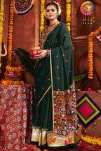 Green Viscose Navratri Garba Cotton Chaniya Choli For Garba Indian Festivals 9 Meter Flair - Kutchi Patch Work, Real Mirror Work, Thread Embroidery Work