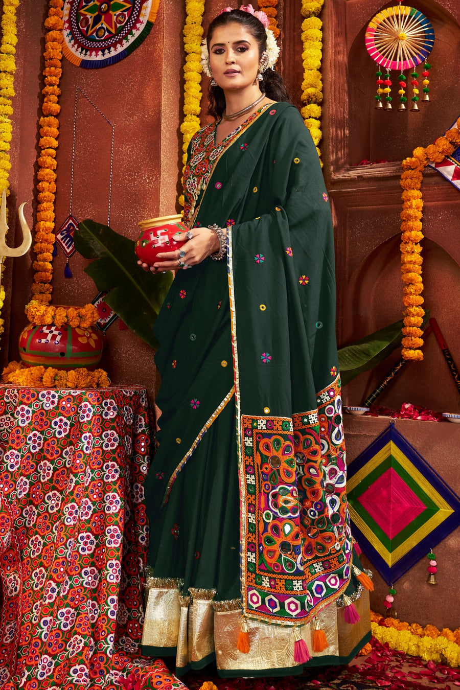 Green Viscose Navratri Garba Cotton Chaniya Choli For Garba Indian Festivals 9 Meter Flair - Kutchi Patch Work, Real Mirror Work, Thread Embroidery Work