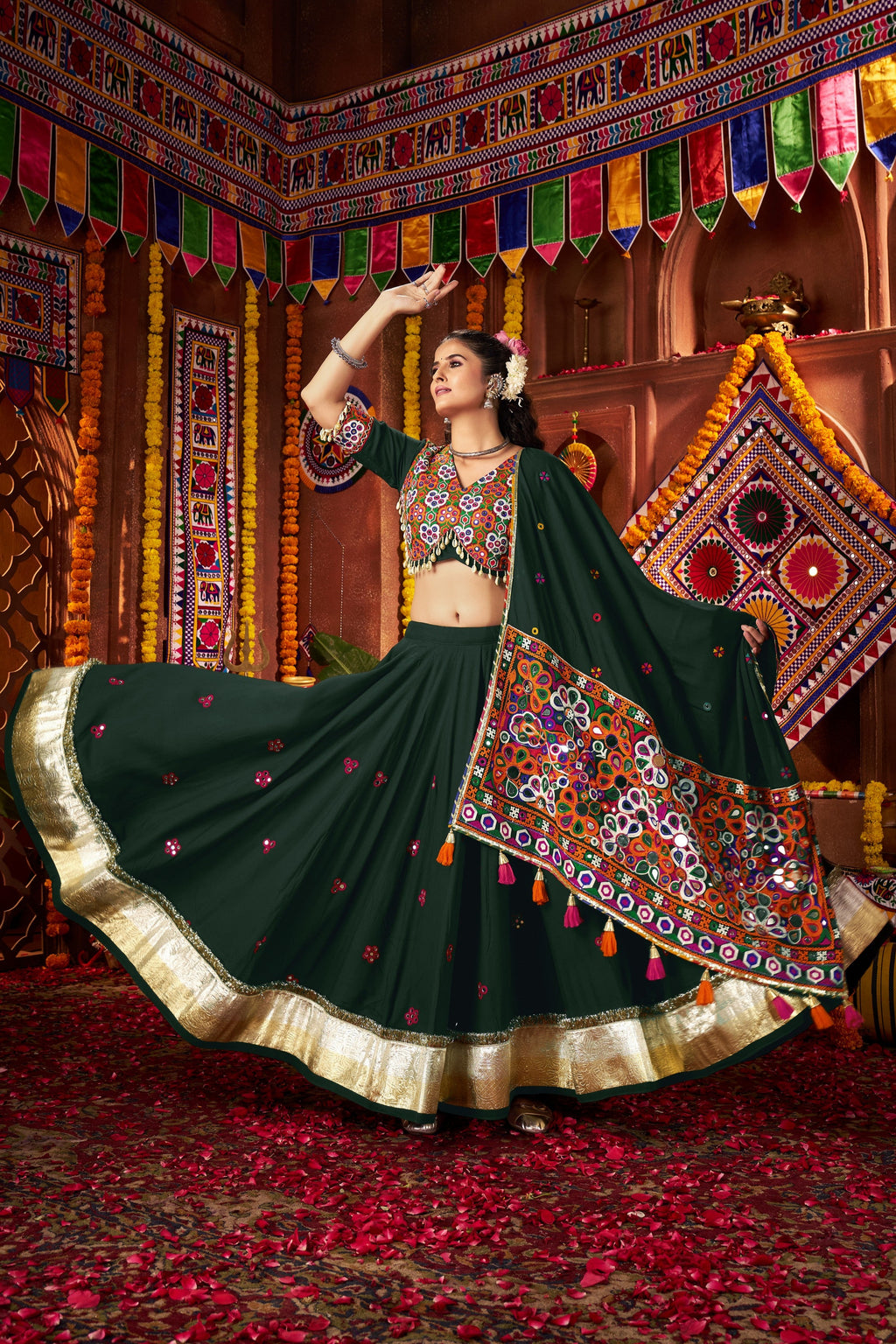 Green Viscose Navratri Garba Cotton Chaniya Choli For Garba Indian Festivals 9 Meter Flair - Kutchi Patch Work, Real Mirror Work, Thread Embroidery Work