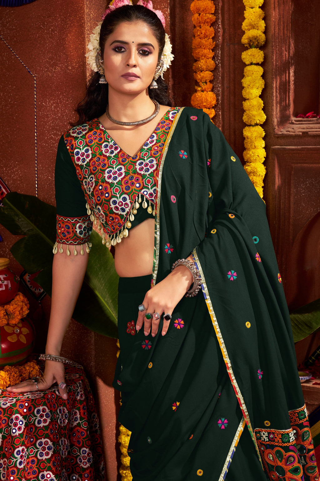 Green Viscose Navratri Garba Cotton Chaniya Choli For Garba Indian Festivals 9 Meter Flair - Kutchi Patch Work, Real Mirror Work, Thread Embroidery Work