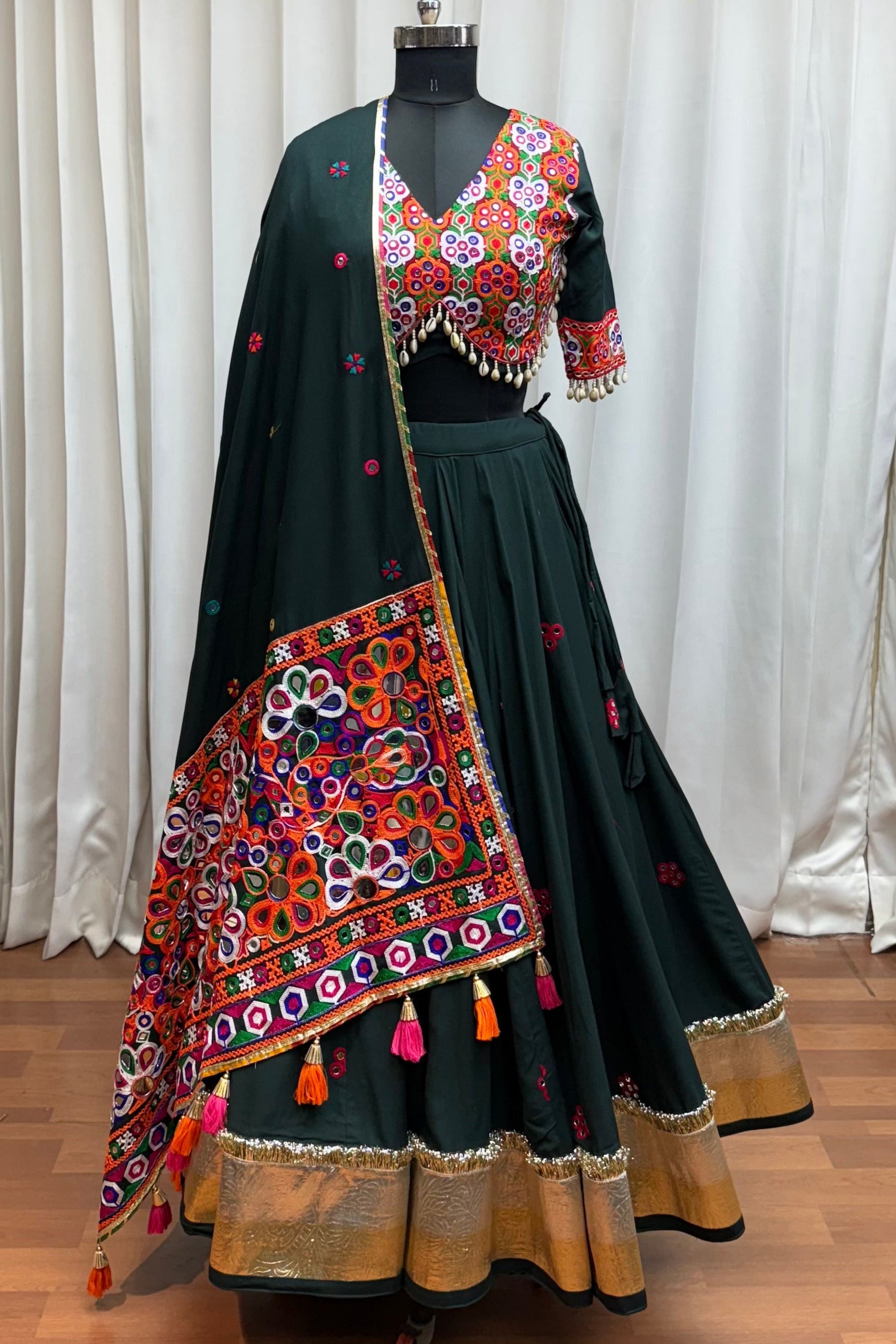 Green Viscose Navratri Garba Cotton Chaniya Choli For Garba Indian Festivals 9 Meter Flair - Kutchi Patch Work, Real Mirror Work, Thread Embroidery Work