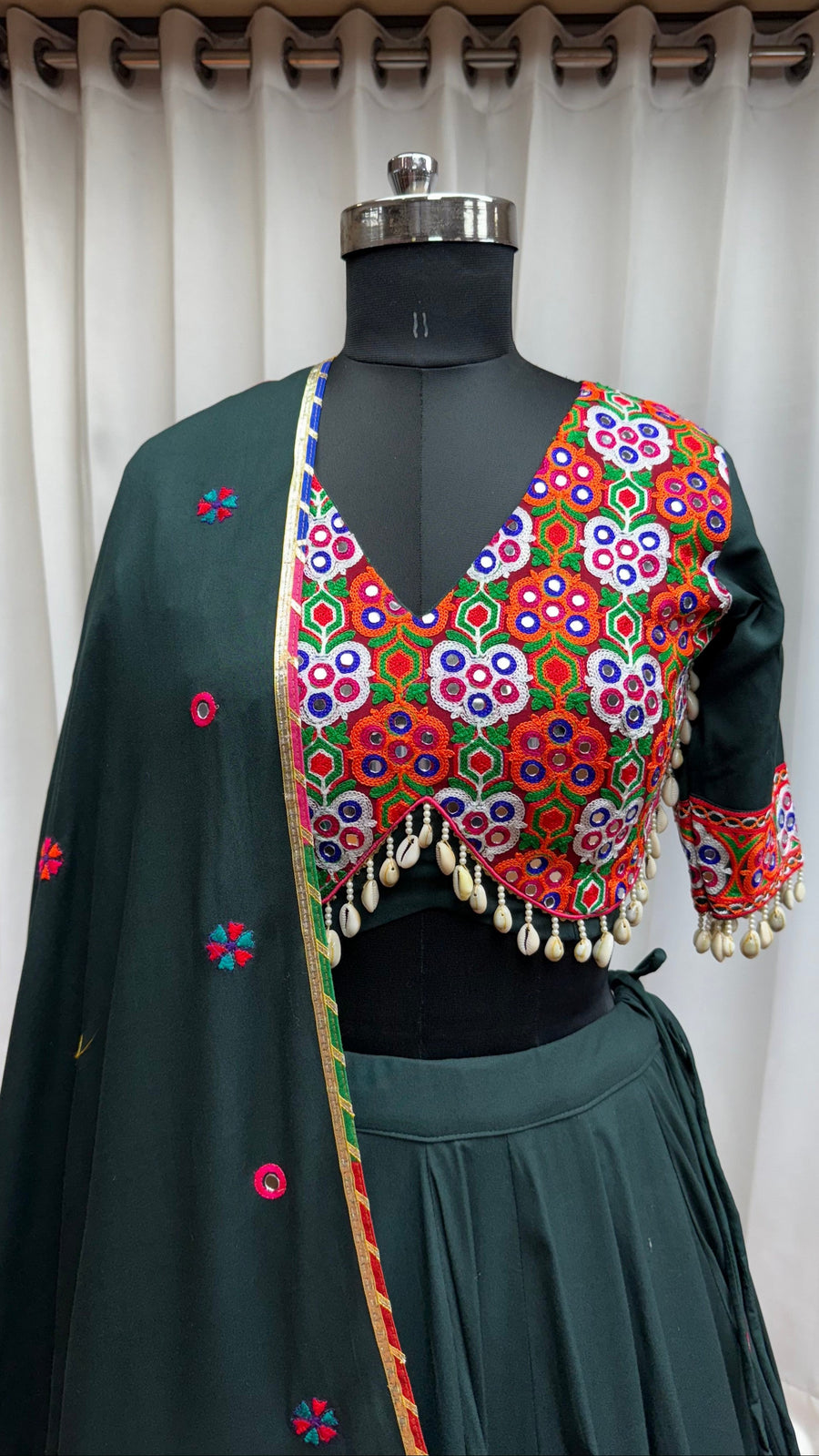 Green Viscose Navratri Garba Cotton Chaniya Choli For Garba Indian Festivals 9 Meter Flair - Kutchi Patch Work, Real Mirror Work, Thread Embroidery Work