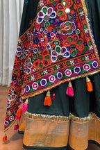 Green Viscose Navratri Garba Cotton Chaniya Choli For Garba Indian Festivals 9 Meter Flair - Kutchi Patch Work, Real Mirror Work, Thread Embroidery Work