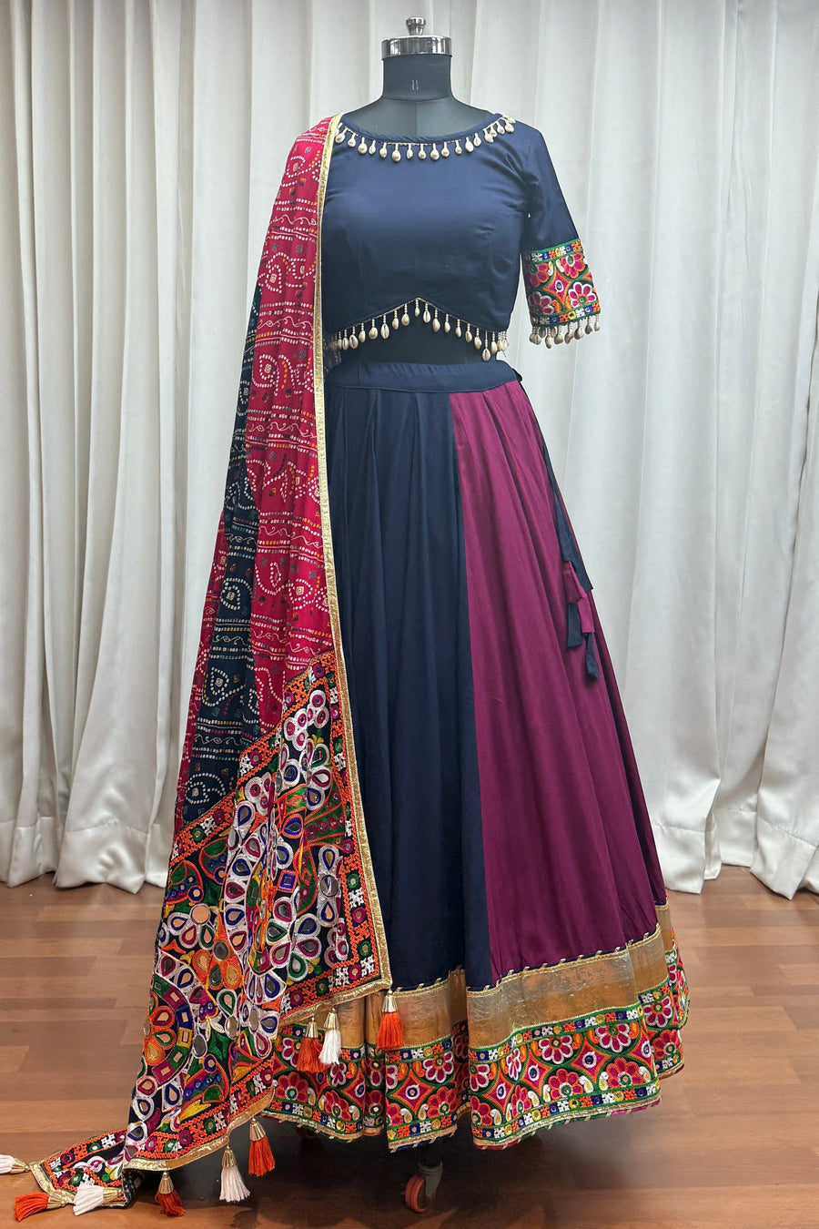 Multicolor Viscose Cotton Navratri Chaniya Choli For Indian Garba 9 Meters Flair - Kutchi Patch Work, Thread Embroidery Work, Real Mirror Work