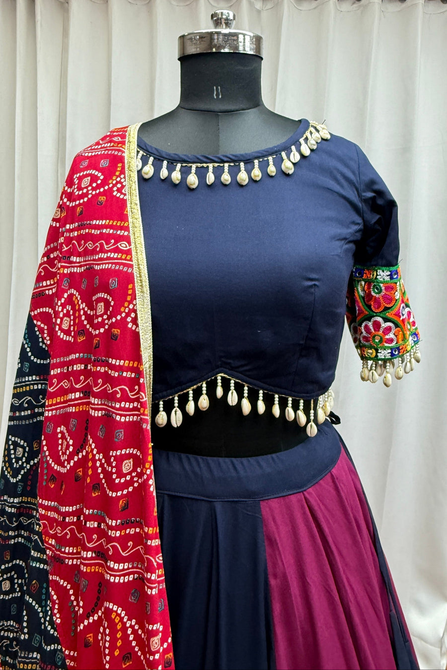 Multicolor Viscose Cotton Navratri Chaniya Choli For Indian Garba 9 Meters Flair - Kutchi Patch Work, Thread Embroidery Work, Real Mirror Work