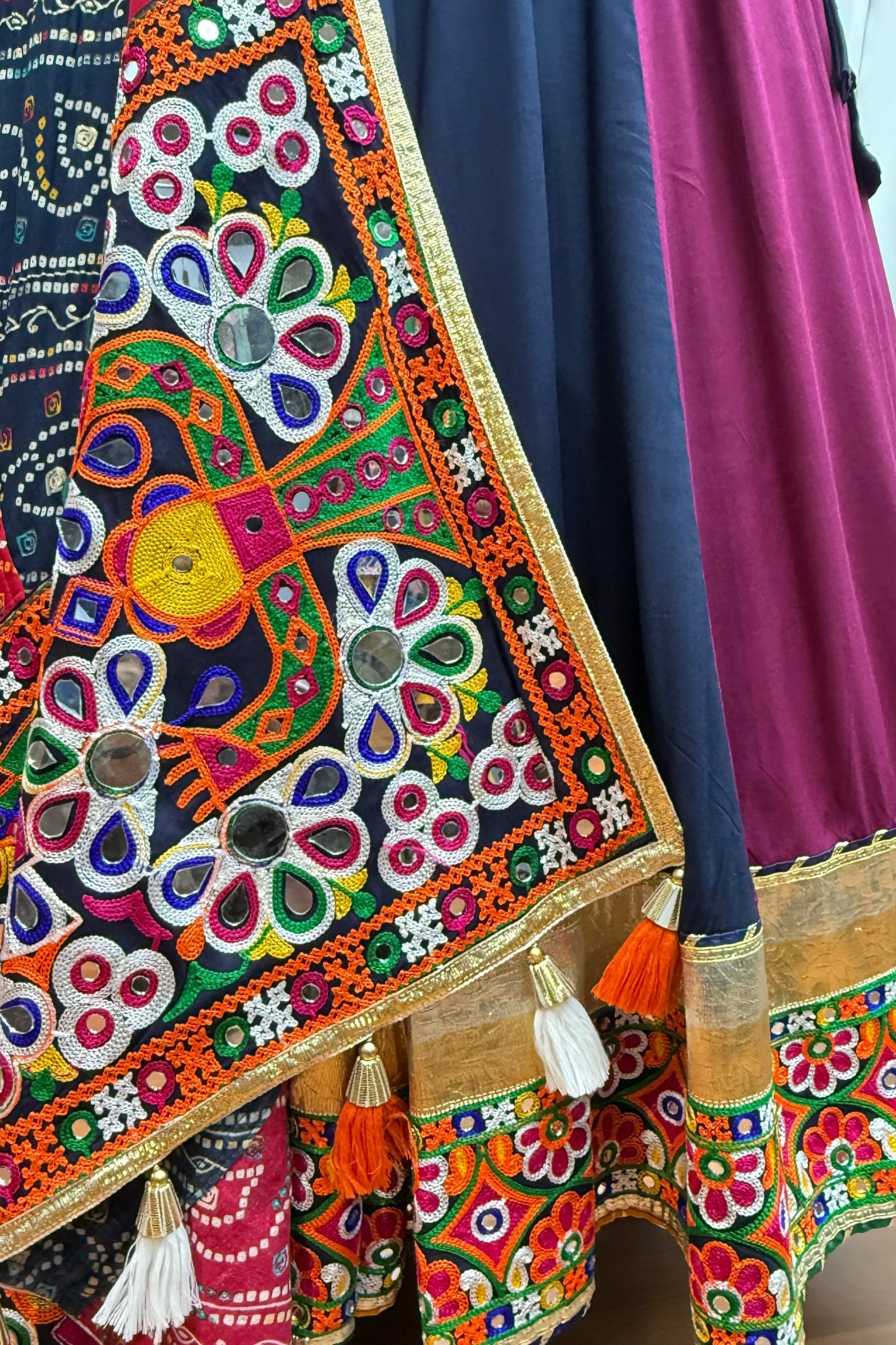 Multicolor Viscose Cotton Navratri Chaniya Choli For Indian Garba 9 Meters Flair - Kutchi Patch Work, Thread Embroidery Work, Real Mirror Work