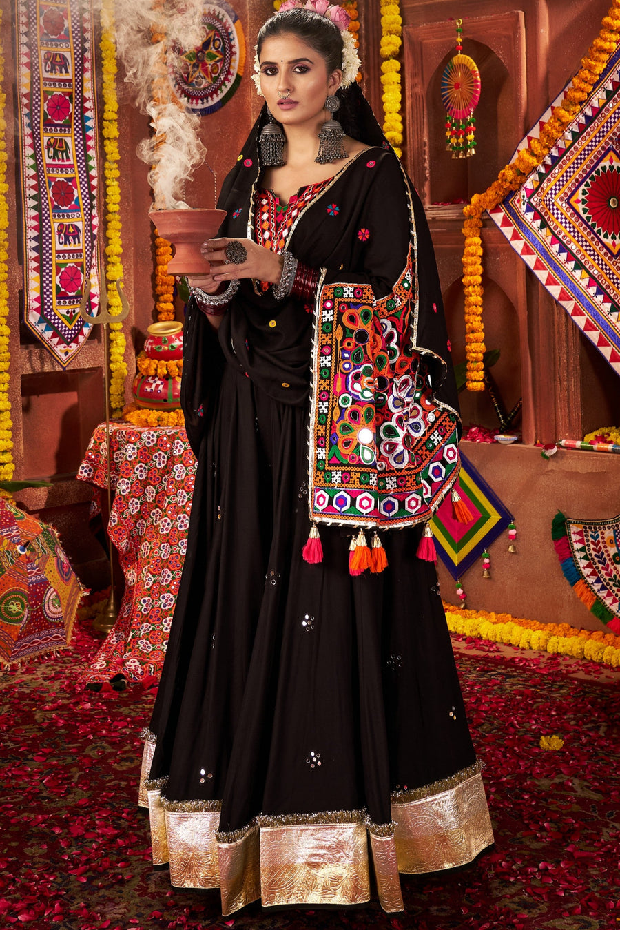 Black Viscose Cotton Navratri Chaniya Choli For Indian Garba 9 Meters Flair - Kutchi Patch Work, Thread Embroidery Work, Real Mirror Work