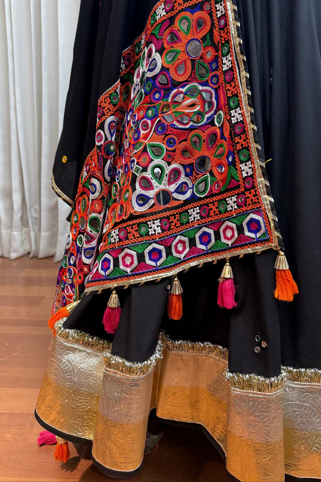 Black Viscose Cotton Navratri Chaniya Choli For Indian Garba 9 Meters Flair - Kutchi Patch Work, Thread Embroidery Work, Real Mirror Work