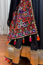 Black Viscose Cotton Navratri Chaniya Choli For Indian Garba 9 Meters Flair - Kutchi Patch Work, Thread Embroidery Work, Real Mirror Work