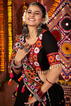 Black Viscose Cotton Navratri Chaniya Choli For Indian Garba 9 Meters Flair - Kutchi Patch Work, Thread Embroidery Work, Real Mirror Work