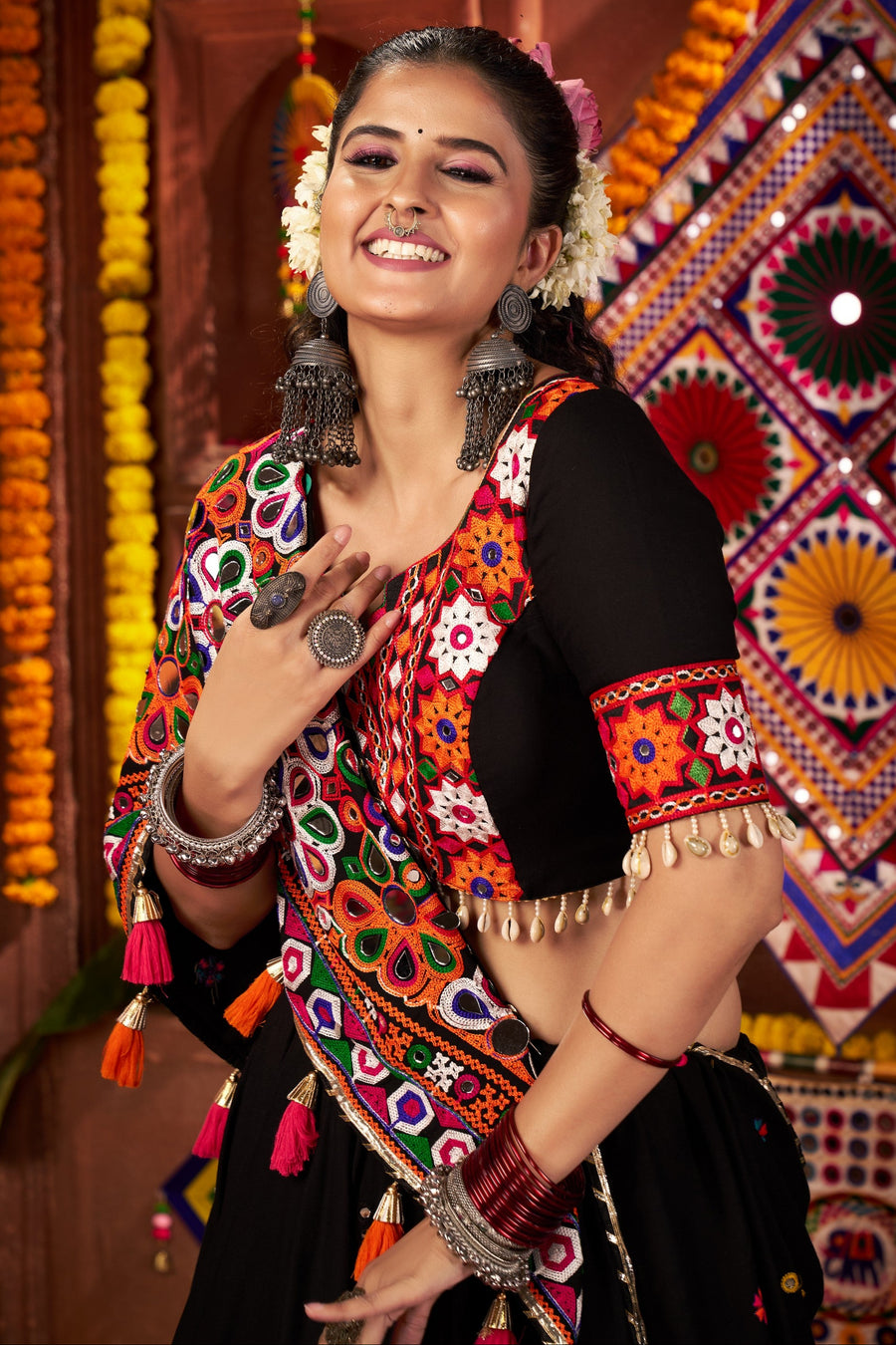 Black Viscose Cotton Navratri Chaniya Choli For Indian Garba 9 Meters Flair - Kutchi Patch Work, Thread Embroidery Work, Real Mirror Work