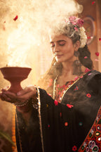 Black Viscose Cotton Navratri Chaniya Choli For Indian Garba 9 Meters Flair - Kutchi Patch Work, Thread Embroidery Work, Real Mirror Work