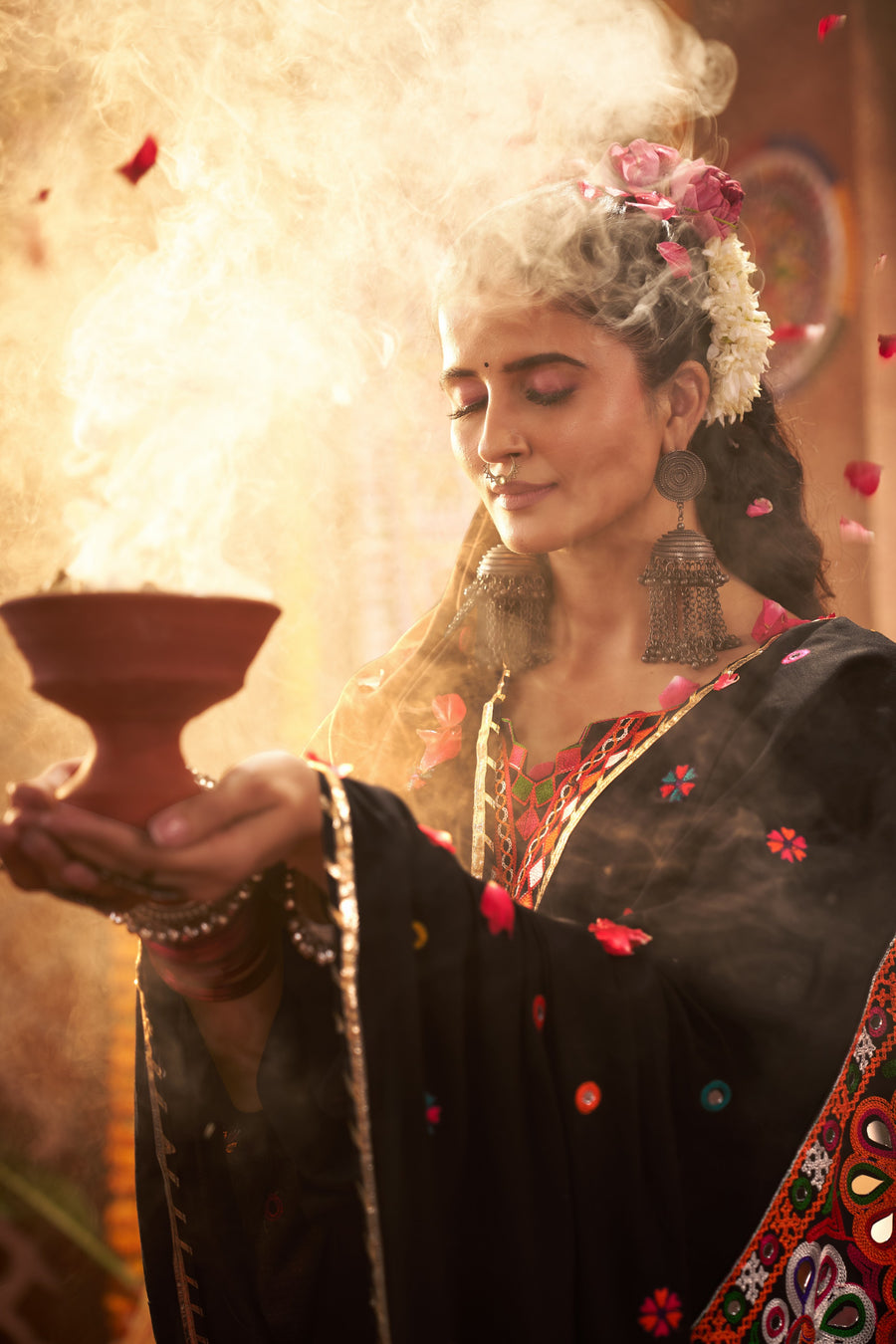 Black Viscose Cotton Navratri Chaniya Choli For Indian Garba 9 Meters Flair - Kutchi Patch Work, Thread Embroidery Work, Real Mirror Work