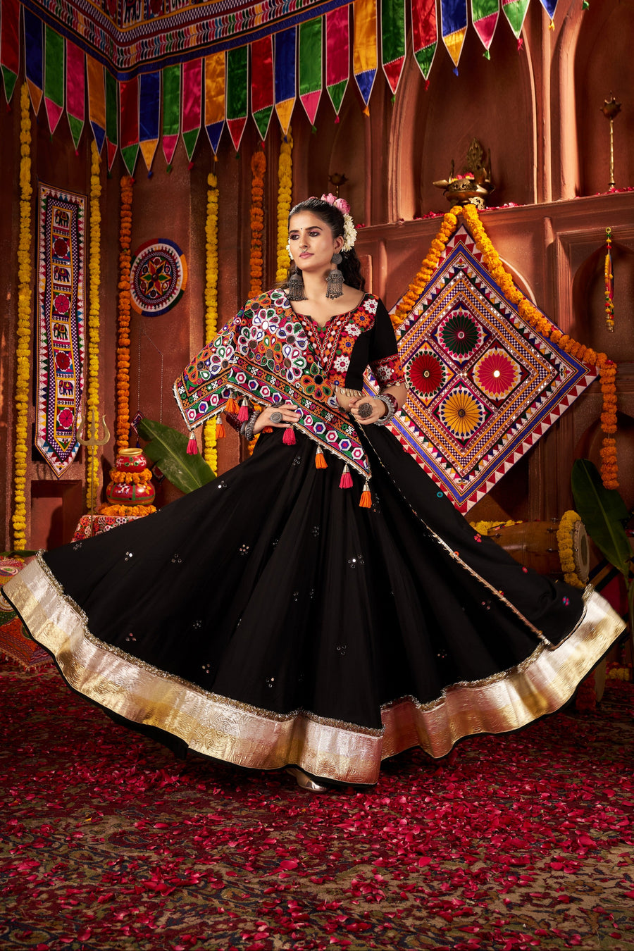 Black Viscose Cotton Navratri Chaniya Choli For Indian Garba 9 Meters Flair - Kutchi Patch Work, Thread Embroidery Work, Real Mirror Work
