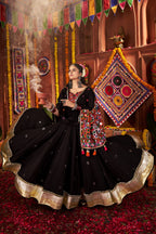 Black Viscose Cotton Navratri Chaniya Choli For Indian Garba 9 Meters Flair - Kutchi Patch Work, Thread Embroidery Work, Real Mirror Work