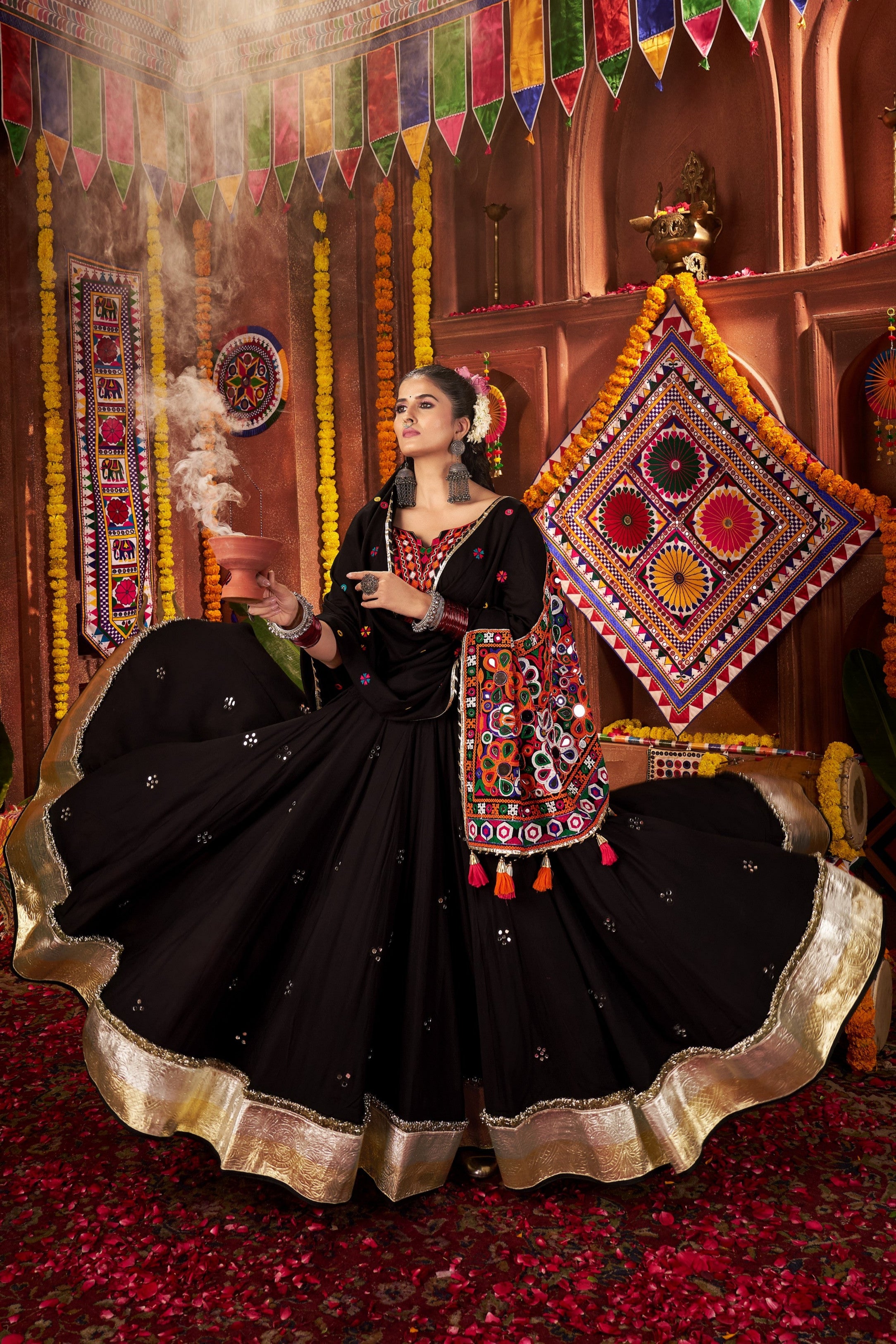 Black Viscose Cotton Navratri Chaniya Choli For Indian Garba 9 Meters Flair - Kutchi Patch Work, Thread Embroidery Work, Real Mirror Work