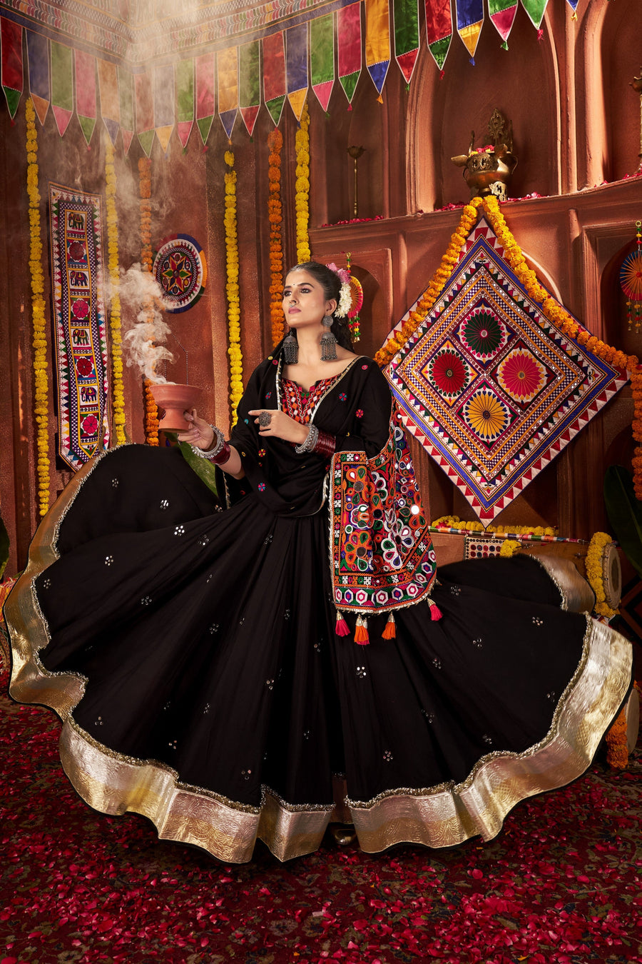 Black Viscose Cotton Navratri Chaniya Choli For Indian Garba 9 Meters Flair - Kutchi Patch Work, Thread Embroidery Work, Real Mirror Work