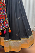 Black Viscose Cotton Navratri Chaniya Choli For Indian Garba 9 Meters Flair - Kutchi Patch Work, Thread Embroidery Work, Real Mirror Work