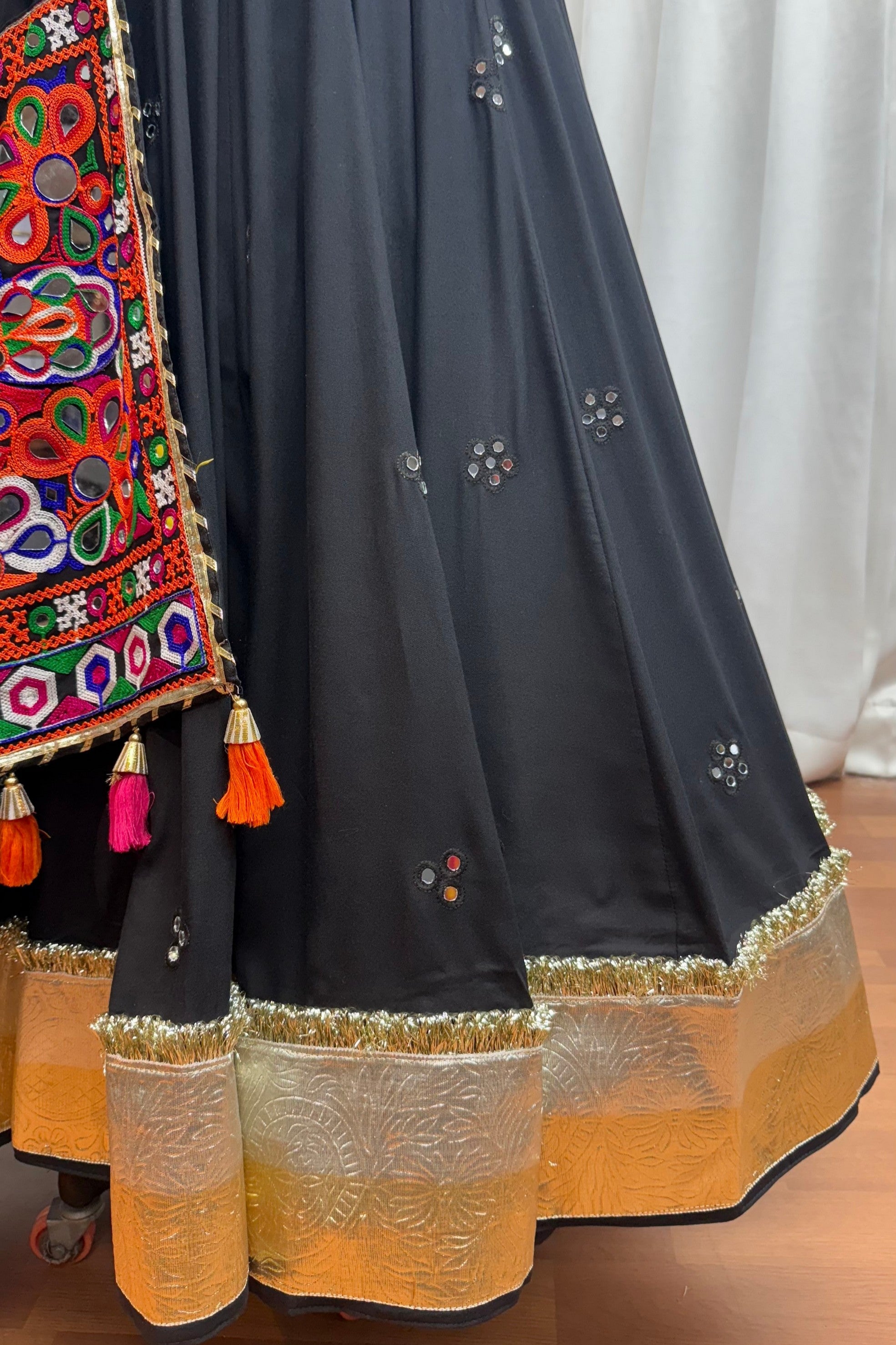 Black Viscose Cotton Navratri Chaniya Choli For Indian Garba 9 Meters Flair - Kutchi Patch Work, Thread Embroidery Work, Real Mirror Work