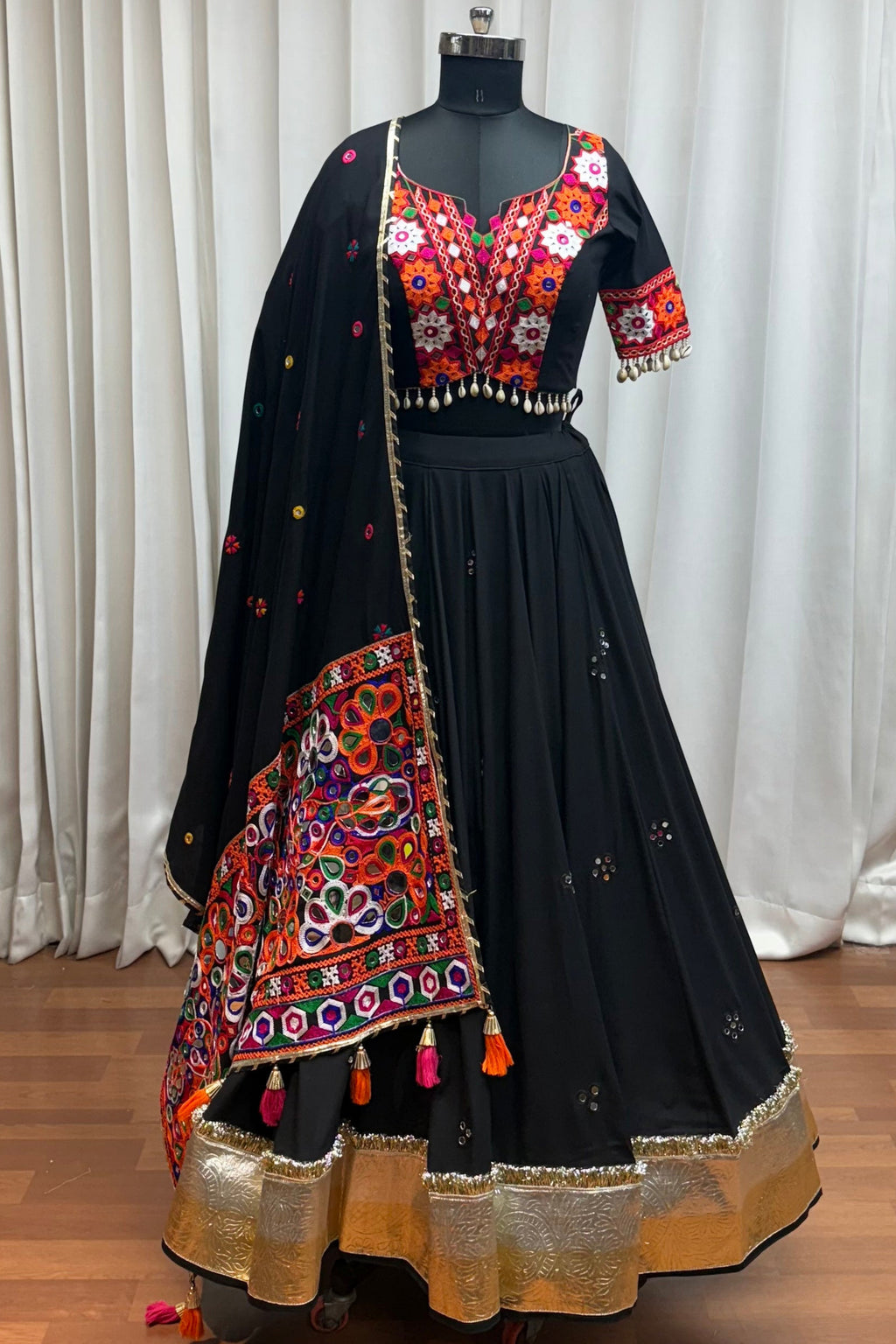 Black Viscose Cotton Navratri Chaniya Choli For Indian Garba 9 Meters Flair - Kutchi Patch Work, Thread Embroidery Work, Real Mirror Work