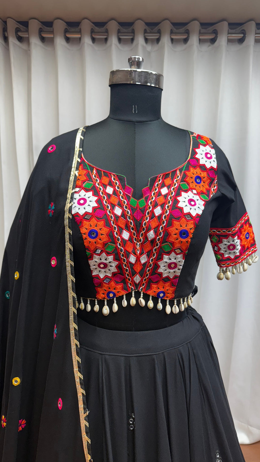 Black Viscose Cotton Navratri Chaniya Choli For Indian Garba 9 Meters Flair - Kutchi Patch Work, Thread Embroidery Work, Real Mirror Work