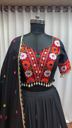 Black Viscose Cotton Navratri Chaniya Choli For Indian Garba 9 Meters Flair - Kutchi Patch Work, Thread Embroidery Work, Real Mirror Work