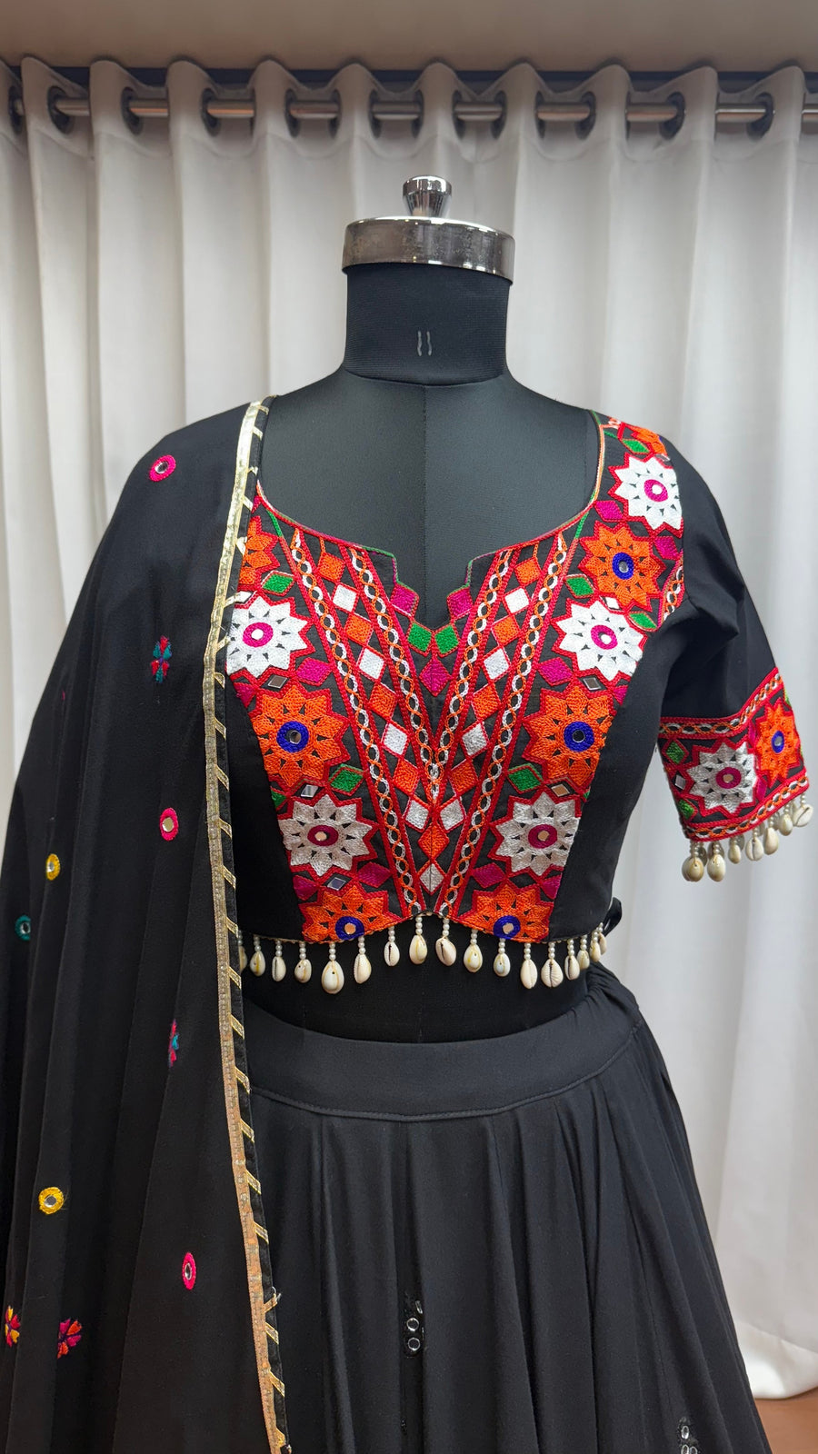 Black Viscose Cotton Navratri Chaniya Choli For Indian Garba 9 Meters Flair - Kutchi Patch Work, Thread Embroidery Work, Real Mirror Work