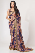 Purple Organza Silk Floral Saree Blouse With Underskirt & Fall Pico For Indian & Pakistani Wedding Festival - Sequins & Thread Embroidery Work, Print Work