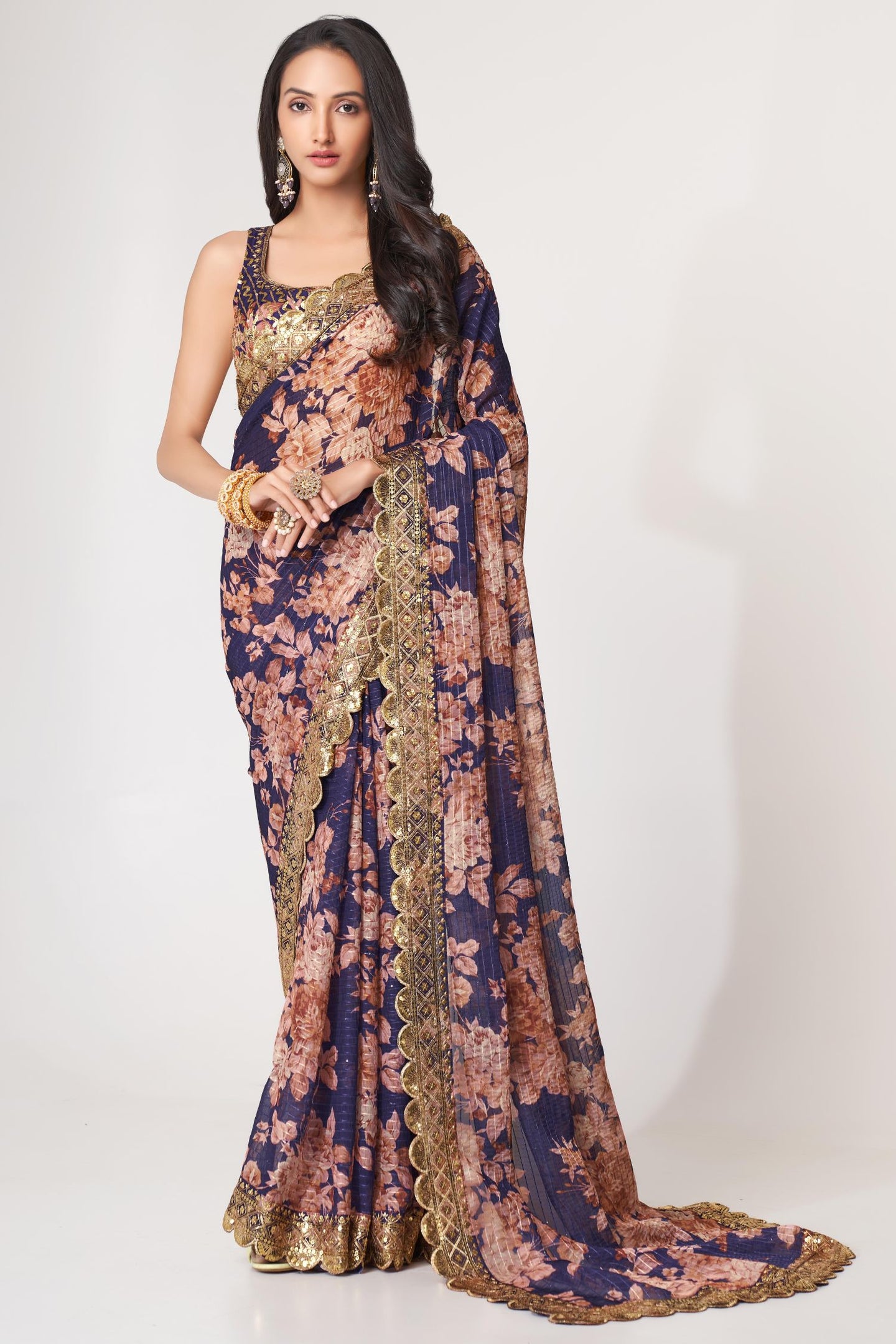 Purple Organza Silk Floral Saree Blouse With Underskirt & Fall Pico For Indian & Pakistani Wedding Festival - Sequins & Thread Embroidery Work, Print Work