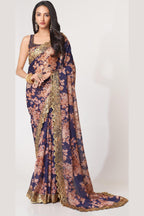 Purple Organza Silk Floral Saree Blouse With Underskirt & Fall Pico For Indian & Pakistani Wedding Festival - Sequins & Thread Embroidery Work, Print Work