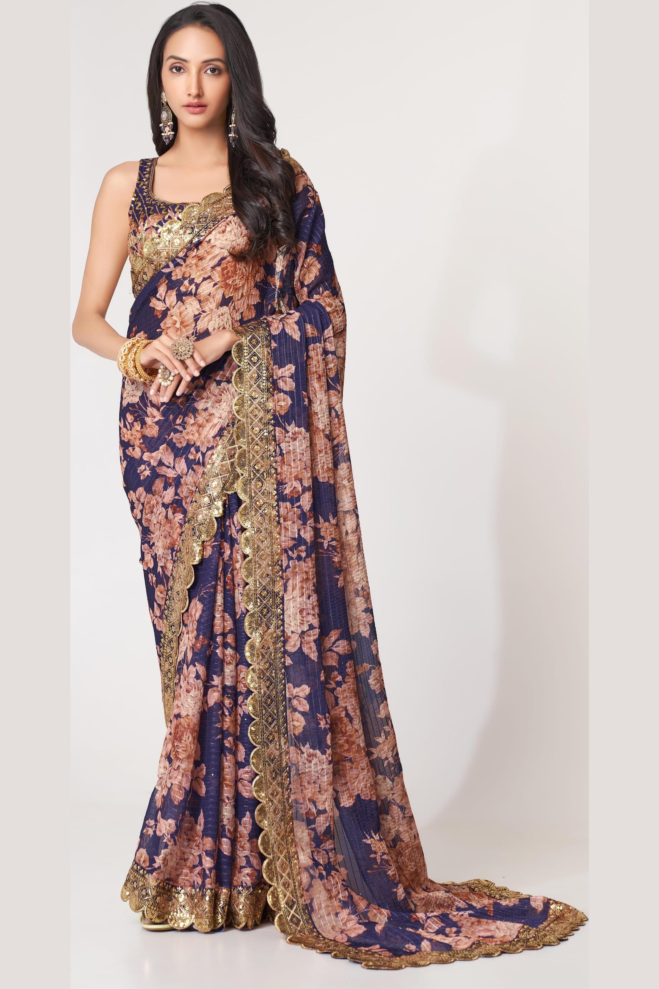 Purple Organza Silk Floral Saree Blouse With Underskirt & Fall Pico For Indian & Pakistani Wedding Festival - Sequins & Thread Embroidery Work, Print Work