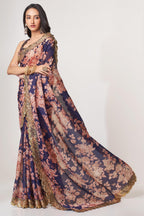 Purple Organza Silk Floral Saree Blouse With Underskirt & Fall Pico For Indian & Pakistani Wedding Festival - Sequins & Thread Embroidery Work, Print Work