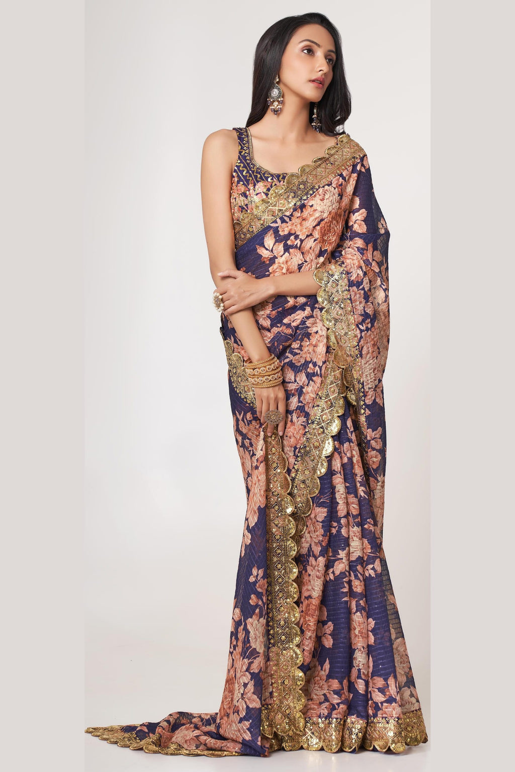 Purple Organza Silk Floral Saree Blouse With Underskirt & Fall Pico For Indian & Pakistani Wedding Festival - Sequins & Thread Embroidery Work, Print Work