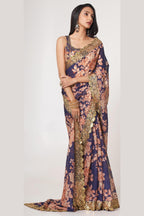 Purple Organza Silk Floral Saree Blouse With Underskirt & Fall Pico For Indian & Pakistani Wedding Festival - Sequins & Thread Embroidery Work, Print Work