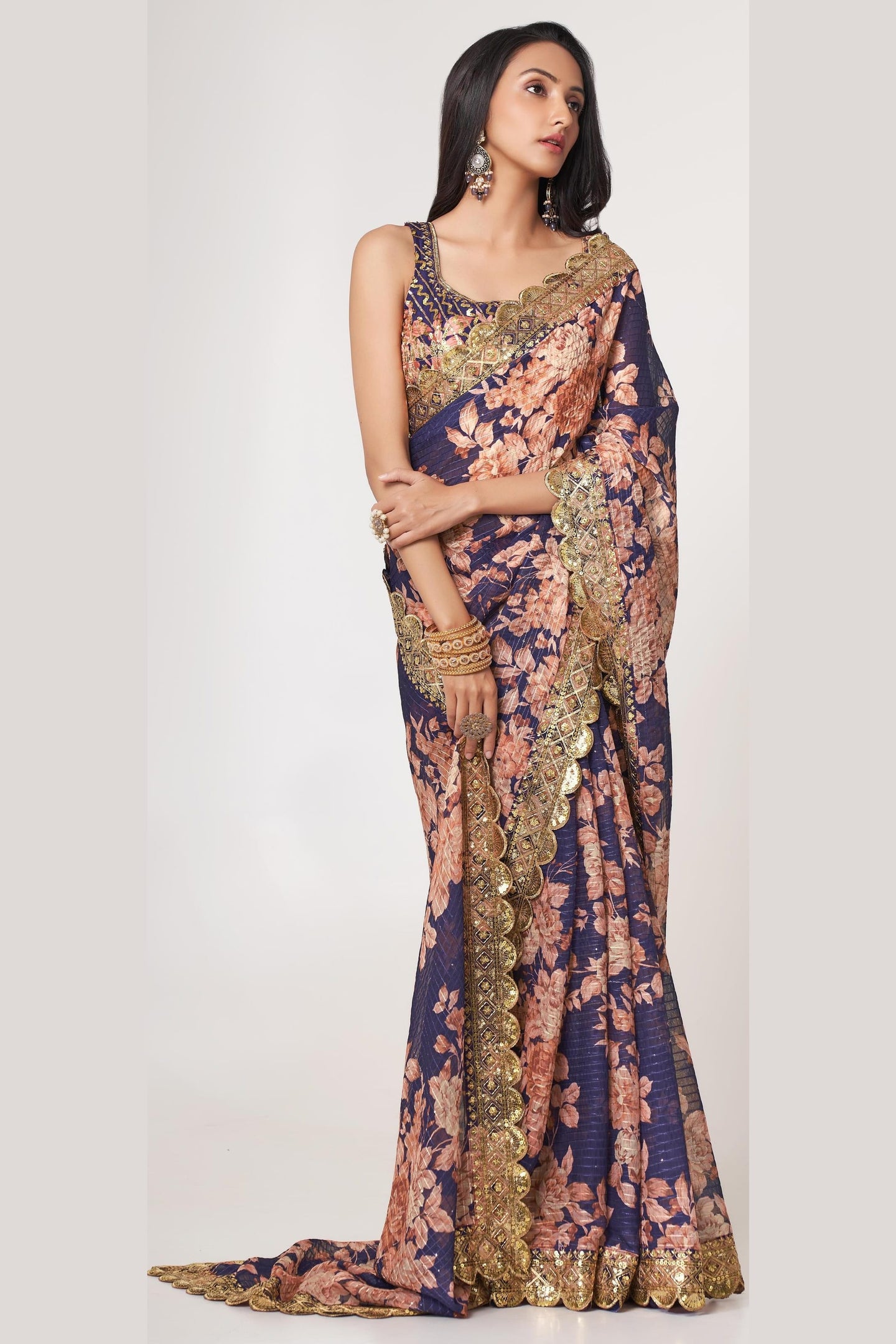 Purple Organza Silk Floral Saree Blouse With Underskirt & Fall Pico For Indian & Pakistani Wedding Festival - Sequins & Thread Embroidery Work, Print Work