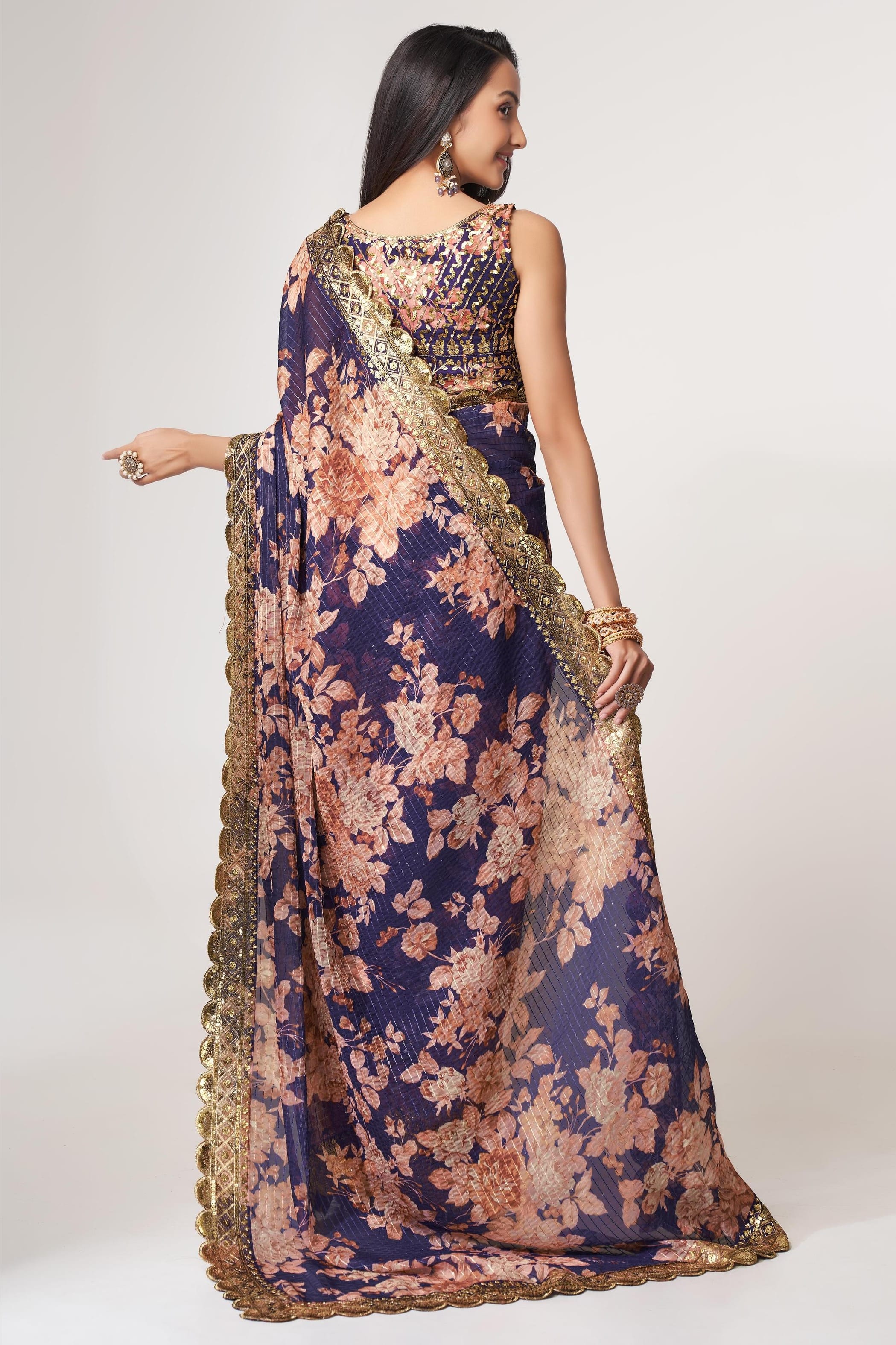 Purple Organza Silk Floral Saree Blouse With Underskirt & Fall Pico For Indian & Pakistani Wedding Festival - Sequins & Thread Embroidery Work, Print Work