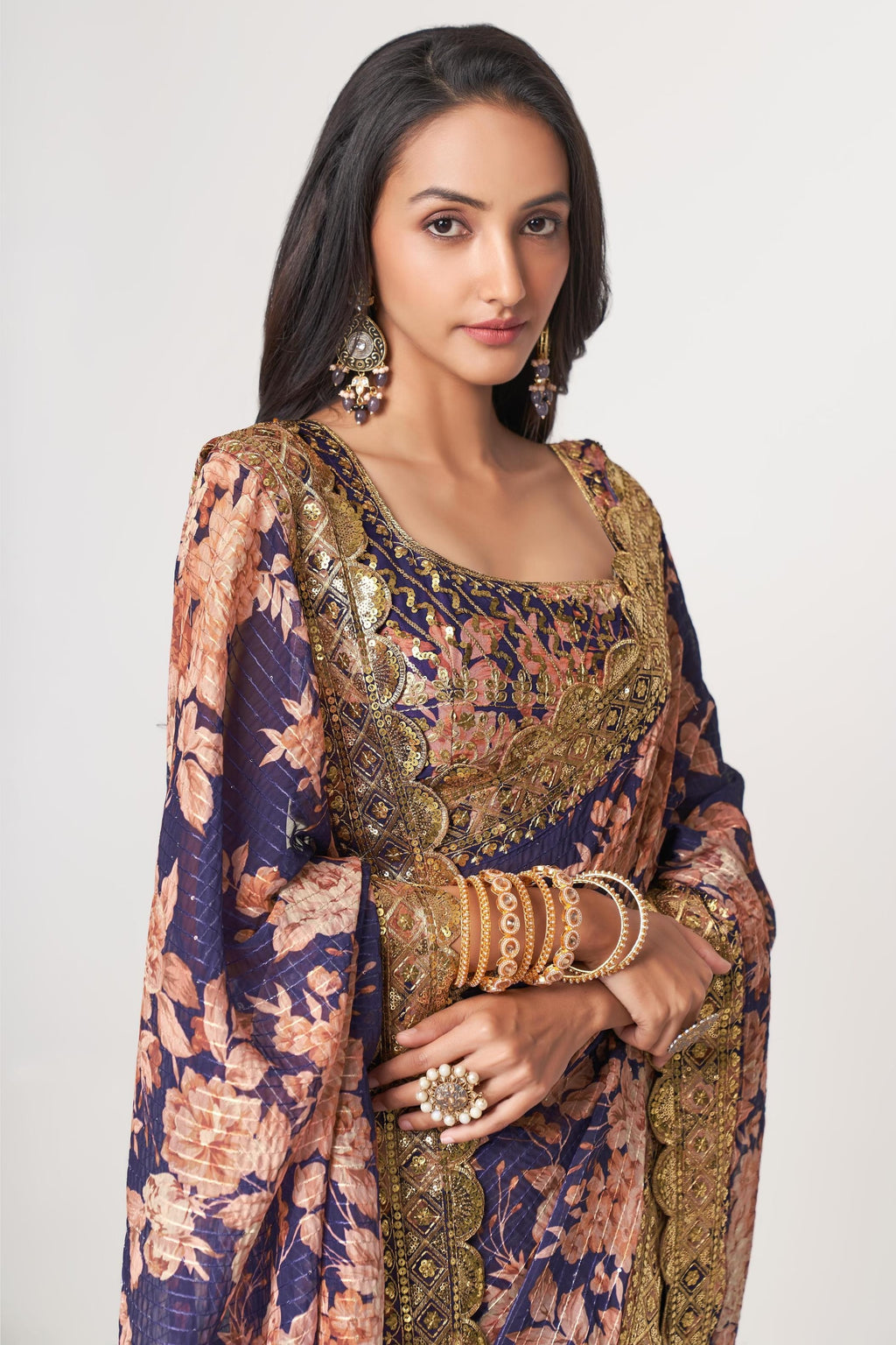 Purple Organza Silk Floral Saree Blouse With Underskirt & Fall Pico For Indian & Pakistani Wedding Festival - Sequins & Thread Embroidery Work, Print Work