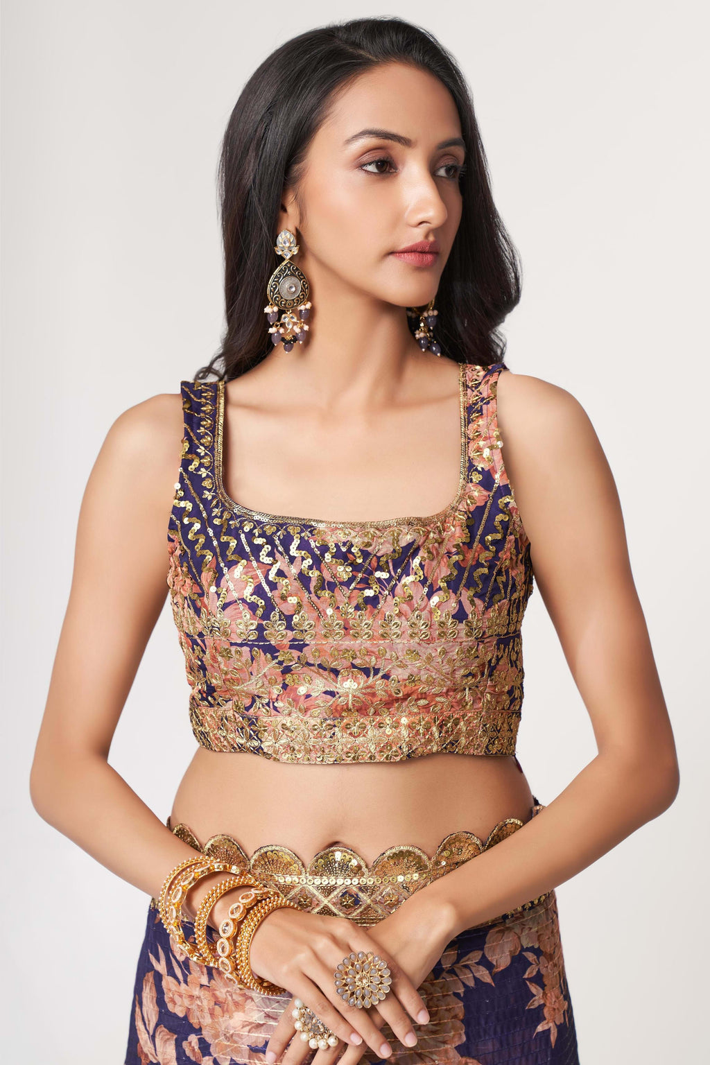 Purple Organza Silk Floral Saree Blouse With Underskirt & Fall Pico For Indian & Pakistani Wedding Festival - Sequins & Thread Embroidery Work, Print Work